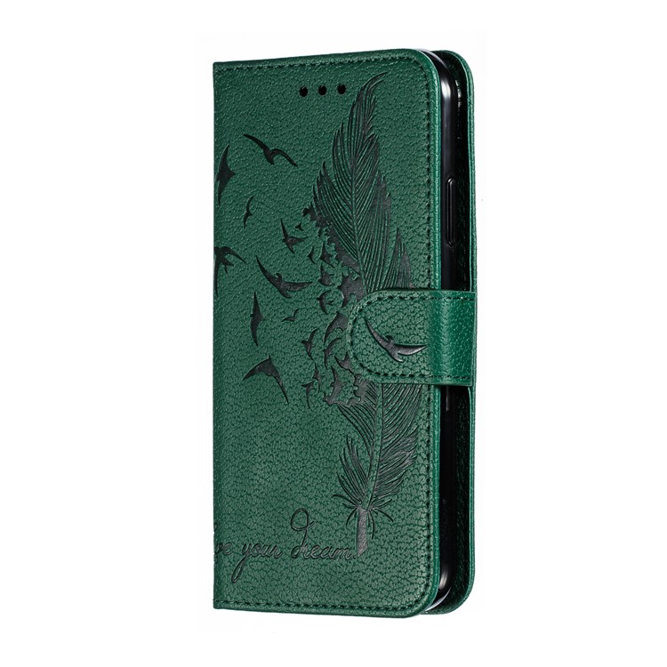 Litchi Texture Imprint Feather Leather Phone Case with Wallet Stand for iPhone 11 6.1 inch - Green-3