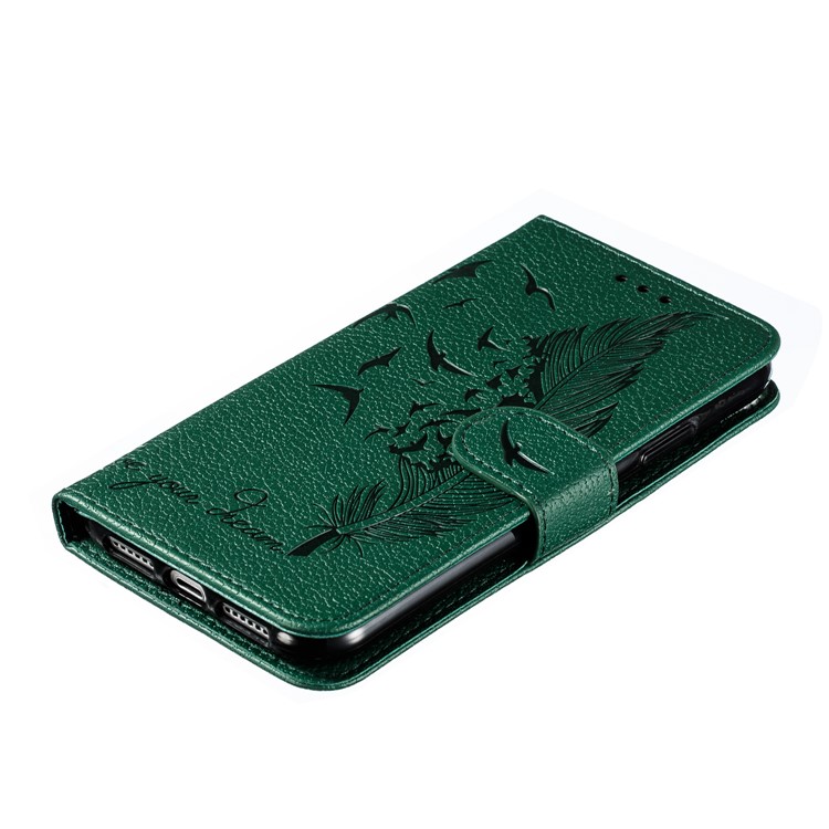 Litchi Texture Imprint Feather Leather Phone Case with Wallet Stand for iPhone 11 6.1 inch - Green-5