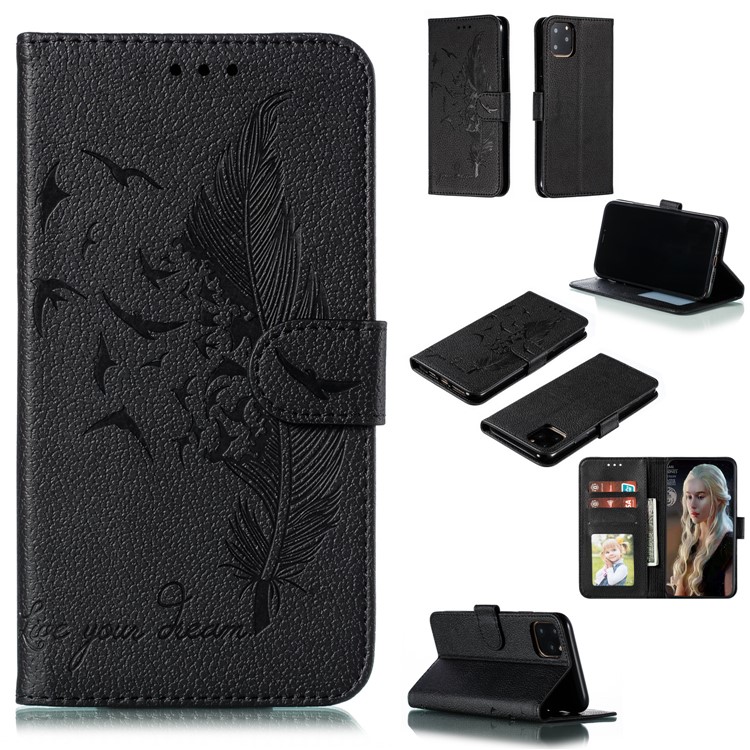 Litchi Texture Imprint Feather Leather Phone Case with Wallet Stand for iPhone 11 Pro Max 6.5 inch - Black-1