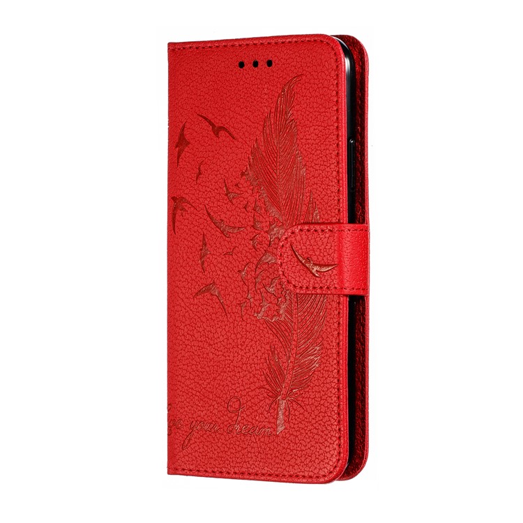 Litchi Texture Imprint Feather Leather Phone Case with Wallet Stand for iPhone 11 Pro Max 6.5 inch - Red-3