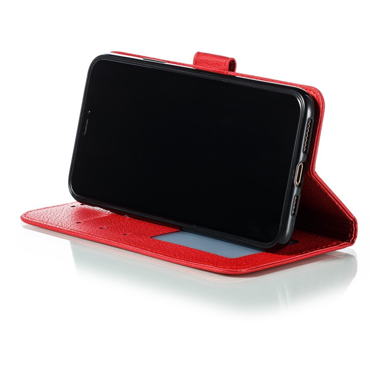 Litchi Texture Imprint Feather Leather Phone Case with Wallet Stand for iPhone 11 Pro Max 6.5 inch - Red-8