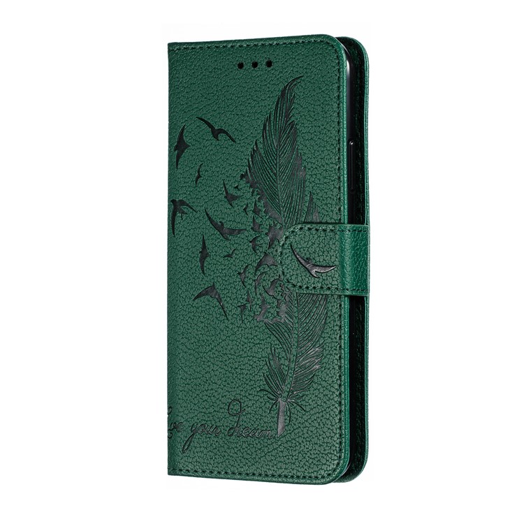 Litchi Texture Imprint Feather Leather Phone Case with Wallet Stand for iPhone 11 Pro Max 6.5 inch - Green-3