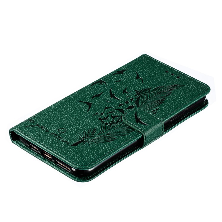 Litchi Texture Imprint Feather Leather Phone Case with Wallet Stand for iPhone 11 Pro Max 6.5 inch - Green-5