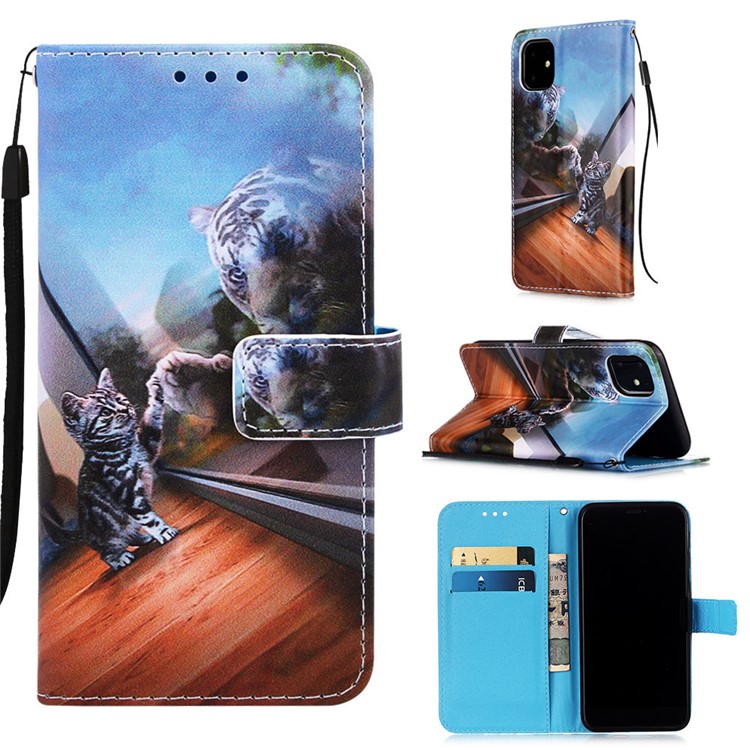 Funda Con Soporte De Cuero PU De Impresión De Patrón Para Iphone 11 6.1 Pulgadas (2019) - Pequeño Gato Y Tigre-1