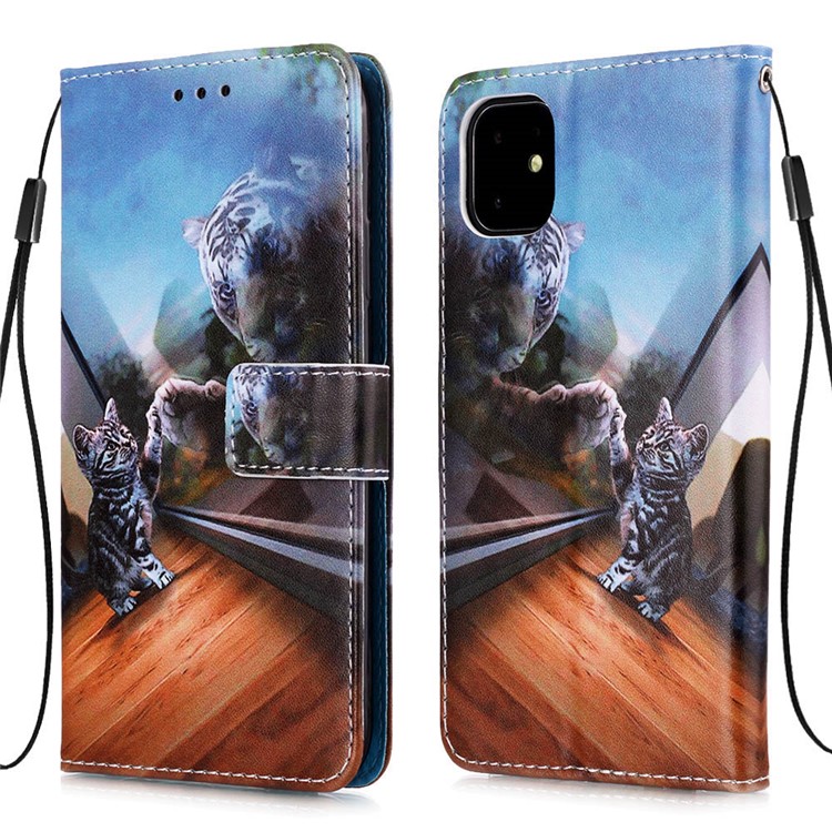 Funda Con Soporte De Cuero PU De Impresión De Patrón Para Iphone 11 6.1 Pulgadas (2019) - Pequeño Gato Y Tigre-3