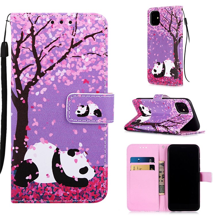 Pattern Printing PU Leather Flip Stand Case for iPhone 11 6.1 inch (2019) - Flower and Panda-1