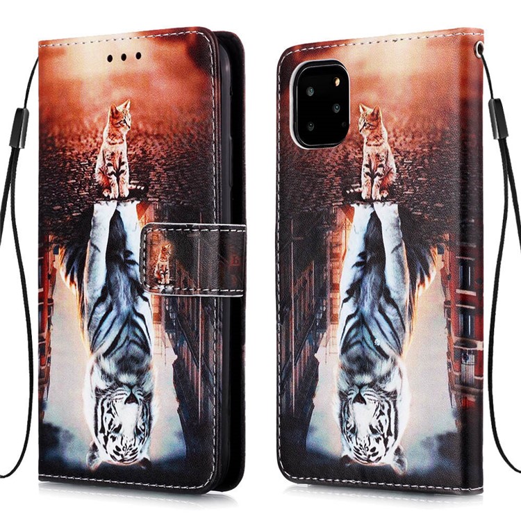 Pattern Printing Leather Wallet Case for iPhone 11 Pro 5.8 inch (2019) - Cat and Reflection in Water-3