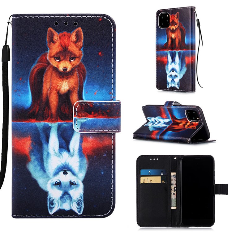 Pattern Printing Leather Wallet Case for iPhone 11 Pro 5.8 inch (2019) - Fox and Reflection in Water-1
