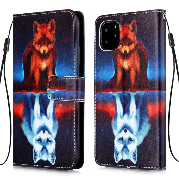 Pattern Printing Leather Wallet Case for iPhone 11 Pro 5.8 inch (2019) - Fox and Reflection in Water-3