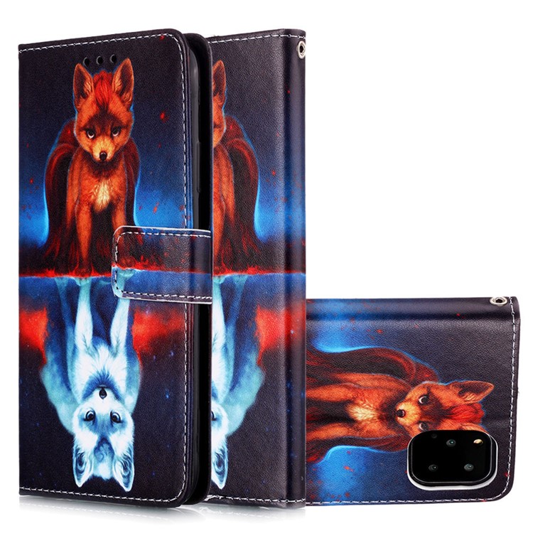 Pattern Printing Leather Wallet Case for iPhone 11 Pro 5.8 inch (2019) - Fox and Reflection in Water-4