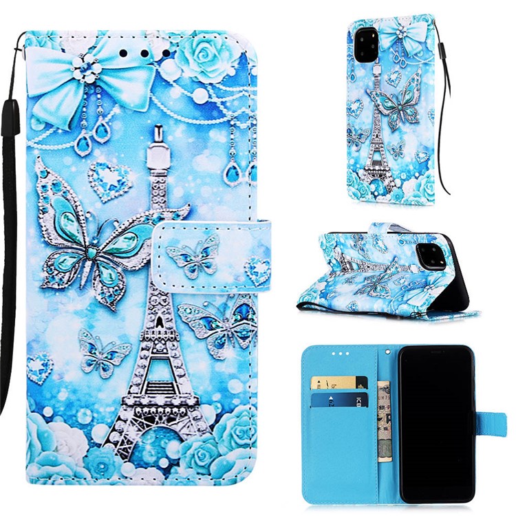 Pattern Printing Leather Wallet Case for iPhone 11 Pro 5.8 inch (2019) - Butterfly and Eiffel Tower-1