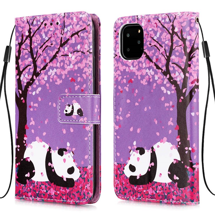Печатание Картины PU Кожаный Флип Стенд Для Iphone 11 Pro Max 6,5 Дюймов - Цветок И Панда-3