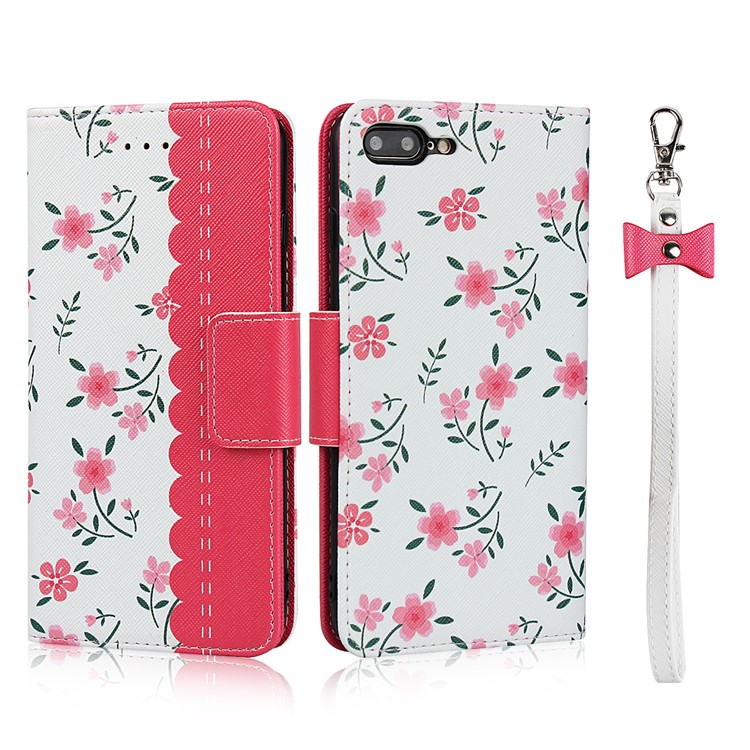 For iPhone 7 Plus/8 Plus 5.5 inch Flower Pattern PU Leather + TPU Wallet Phone Case with Lanyard - Rose-1