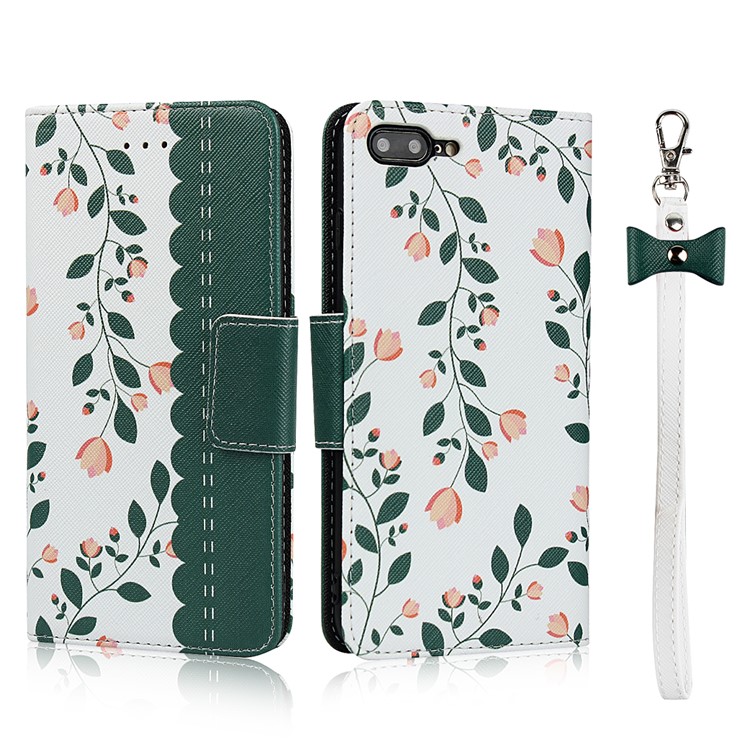 For iPhone 7 Plus/8 Plus 5.5 inch Flower Pattern PU Leather + TPU Wallet Phone Case with Lanyard - Dark Green-1