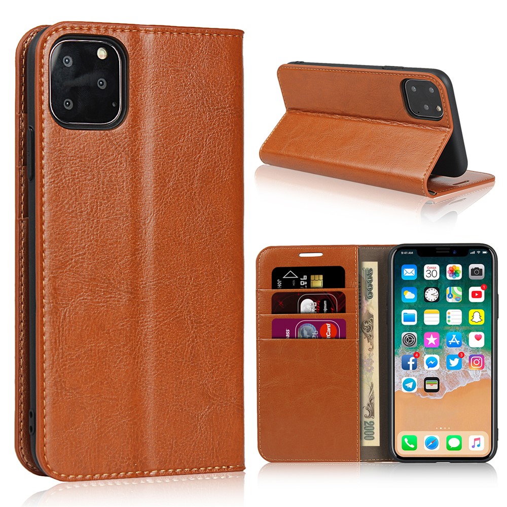 Crazy Horse Genuine Leather Case with Wallet Stand for iPhone 11 Pro Max 6.5 inch - Brown-1
