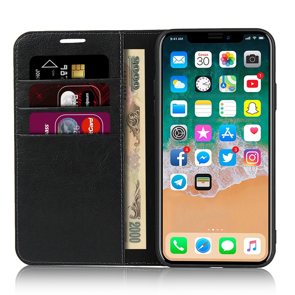 Crazy Horse Echt Lederhülle Mit Brieftasche Für Iphone 11 Pro Max 6,5 Zoll - Schwarz