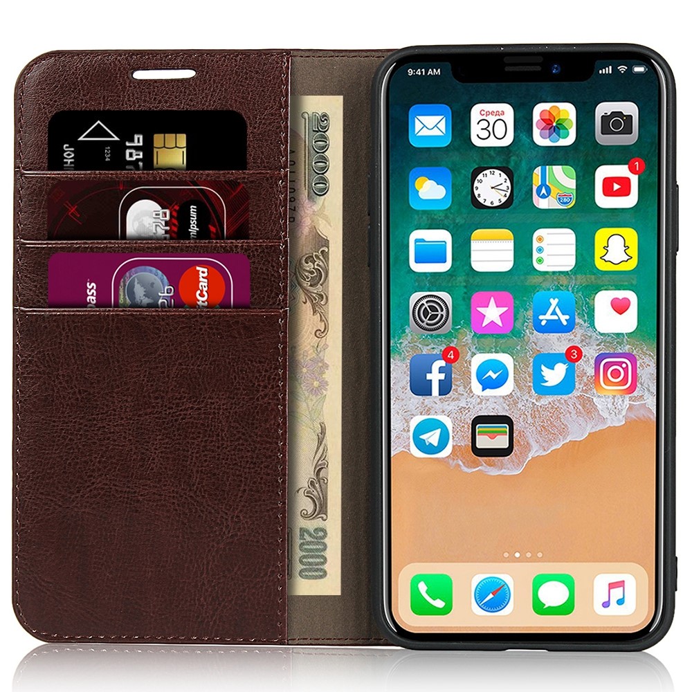 Crazy Horse Skin Genuine Leather Wallet Phone Case for iPhone 11 6.1 inch - Coffee-5