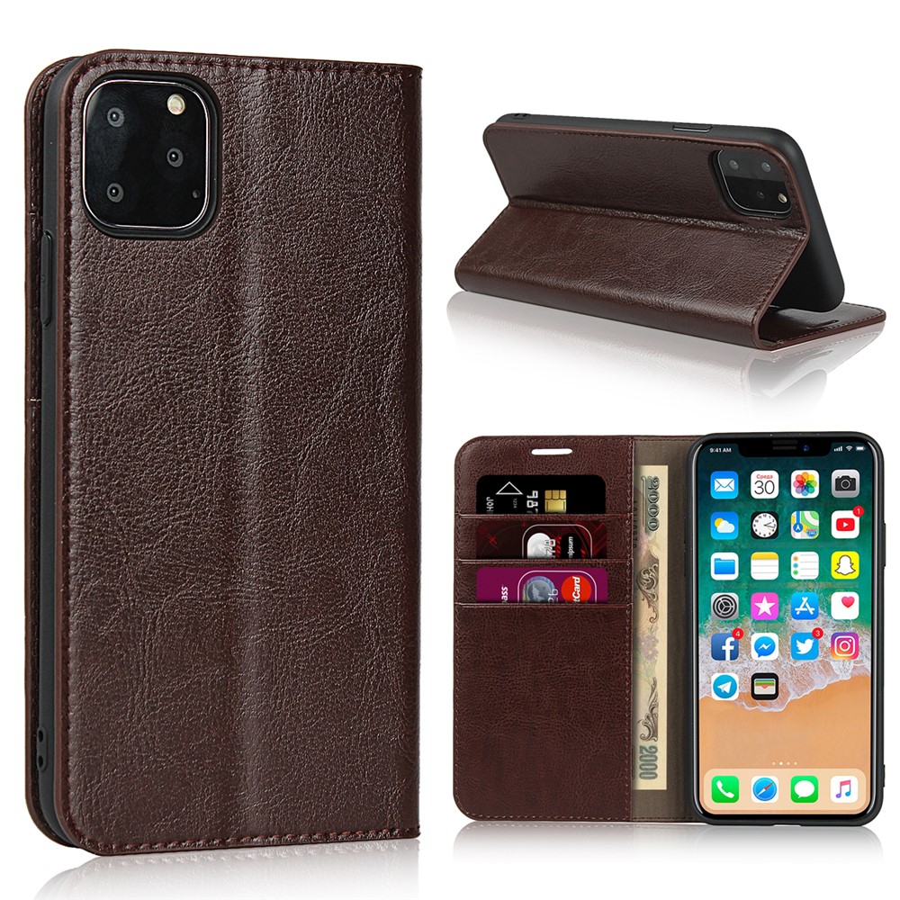 Crazy Horse Skin Genuine Leather Phone Covering for iPhone 11 Pro 5.8 inch - Coffee-7