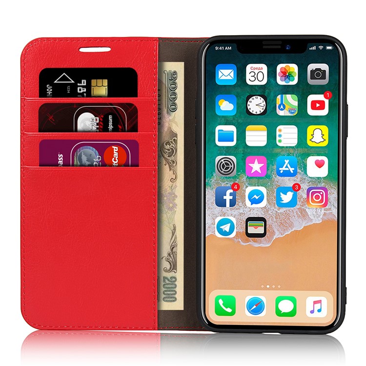 Crazy Horse Skin Genuine Leather Phone Covering for iPhone 11 Pro 5.8 inch - Red-4
