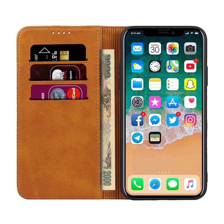 Auto-absorbed Leather Stand Phone Cover Wallet Case for iPhone 11 Pro 5.8-inch - Light Brown-4