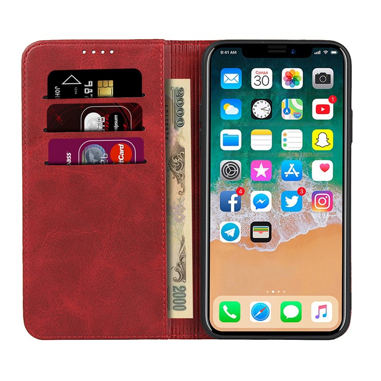 Étui de Couverture de Téléphone en Cuir en Cuir Automatique Auto-absorbé Pour Iphone 11 Pro 5,8 Pouces - Rouge-4