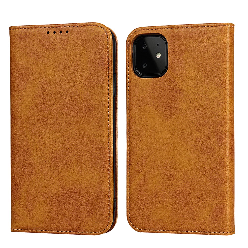 Auto-absorbed Leather Stand Phone Cover Wallet Case for iPhone 11 6.1-inch - Light Brown-1