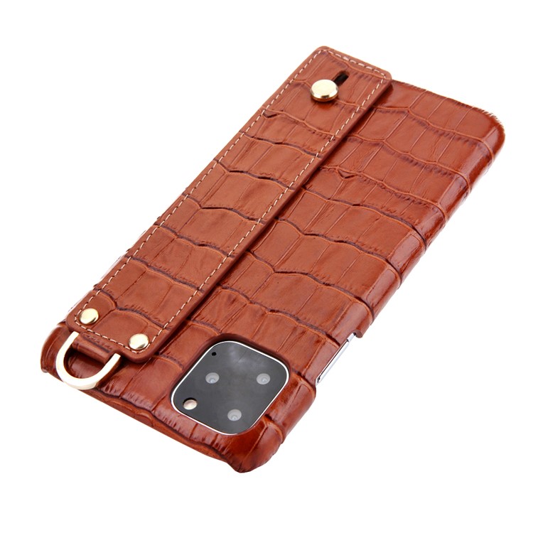 Crocodile Texture Genuine Leather Coated PC Back Cover with Hand Band Kickstand for iPhone 11 Pro 5.8 inch - Brown-4