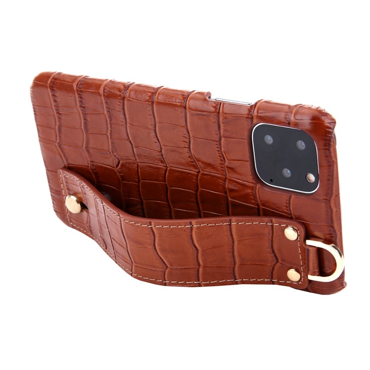 Crocodile Texture Genuine Leather Coated PC Back Cover with Hand Band Kickstand for iPhone 11 Pro 5.8 inch - Brown-5