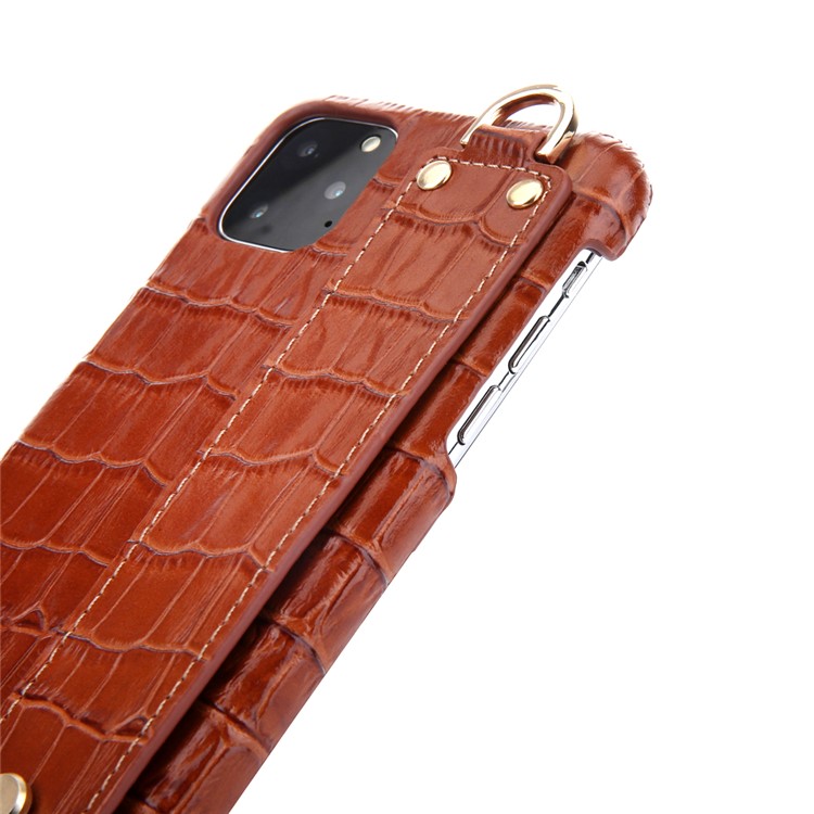 Crocodile Texture Genuine Leather Coated PC Back Cover with Hand Band Kickstand for iPhone 11 Pro 5.8 inch - Brown-6