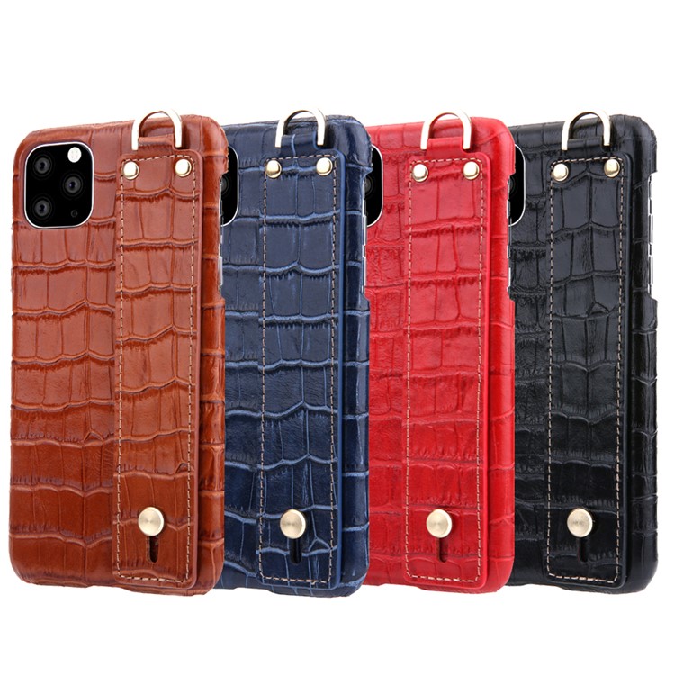 Crocodile Texture Genuine Leather Coated PC Back Cover with Hand Band Kickstand for iPhone 11 Pro 5.8 inch - Brown-9