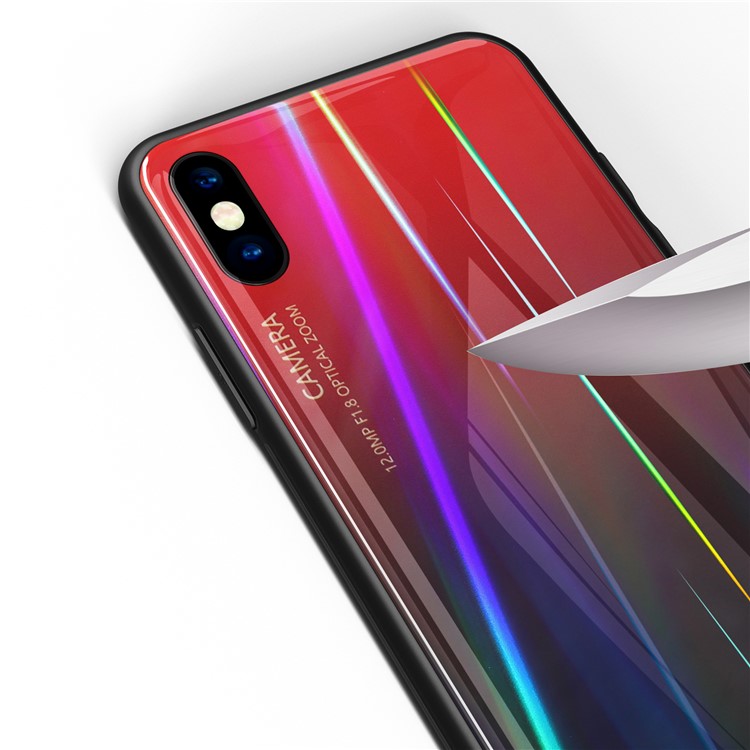 Gradient Color Laser Carving Tempered Glass Back + PC + TPU Phone Shell Casing for iPhone XS Max 6.5 inch - Red/Black-2