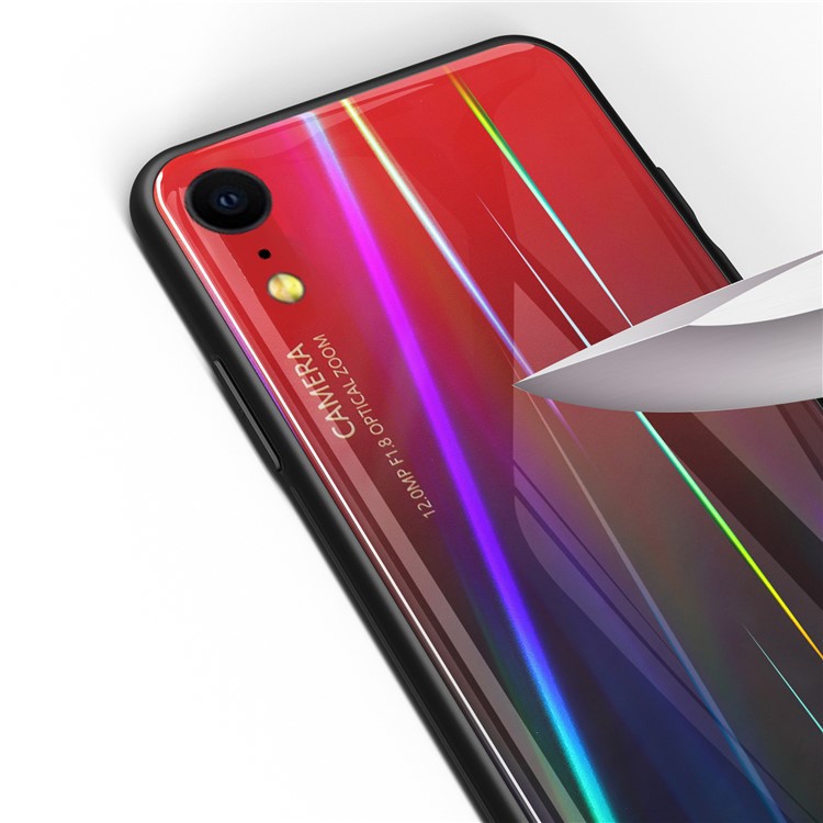 Laser Carving Tempered Glass Back + PC + TPU Phone Gradient Color Case for iPhone XR 6.1 inch - Red/Black-2