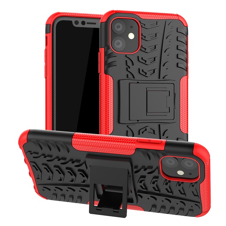 Cool Tyre Pattern PC + TPU Hybrid Case with Kickstand for iPhone 11 6.1 inch - Black / Red-1