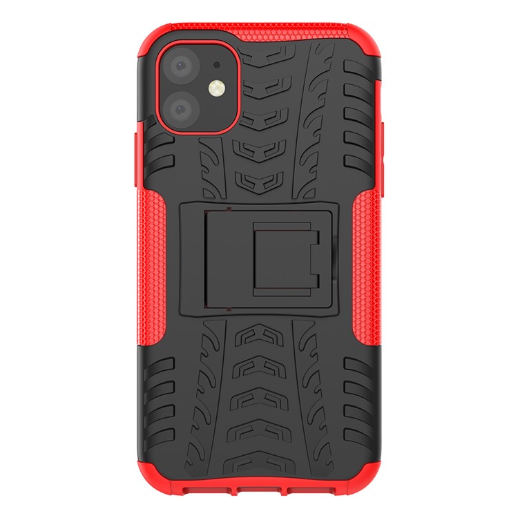 Cool Tire Pattern PC + TPU Hybrid Case с Кик -стендом Для Iphone 11 6,1 Дюйма - Черный / Красный