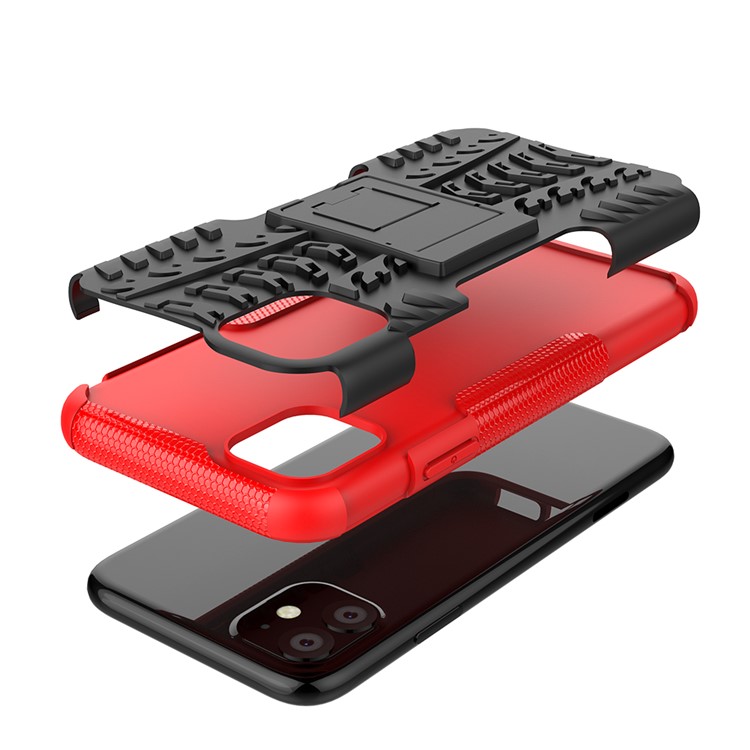 Case de Híbrido PC de Patrón de Neumáticos Fría + TPU Con Kickstand Para Iphone 11 6.1 Pulgadas - Negro / Rojo