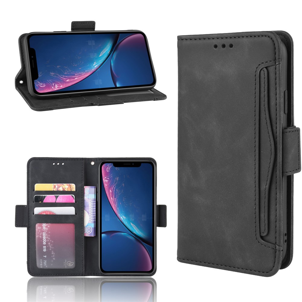 PU Leather Phone Case Covering with Card Slots Wallet Cover for iPhone XR 6.1 inch - Black