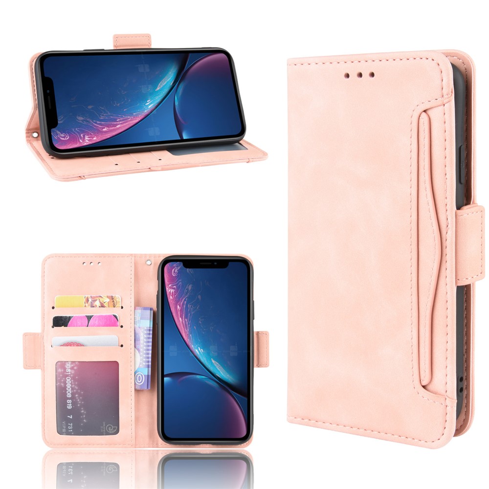 PU Leather Phone Case Covering with Card Slots Wallet Cover for iPhone XR 6.1 inch - Pink