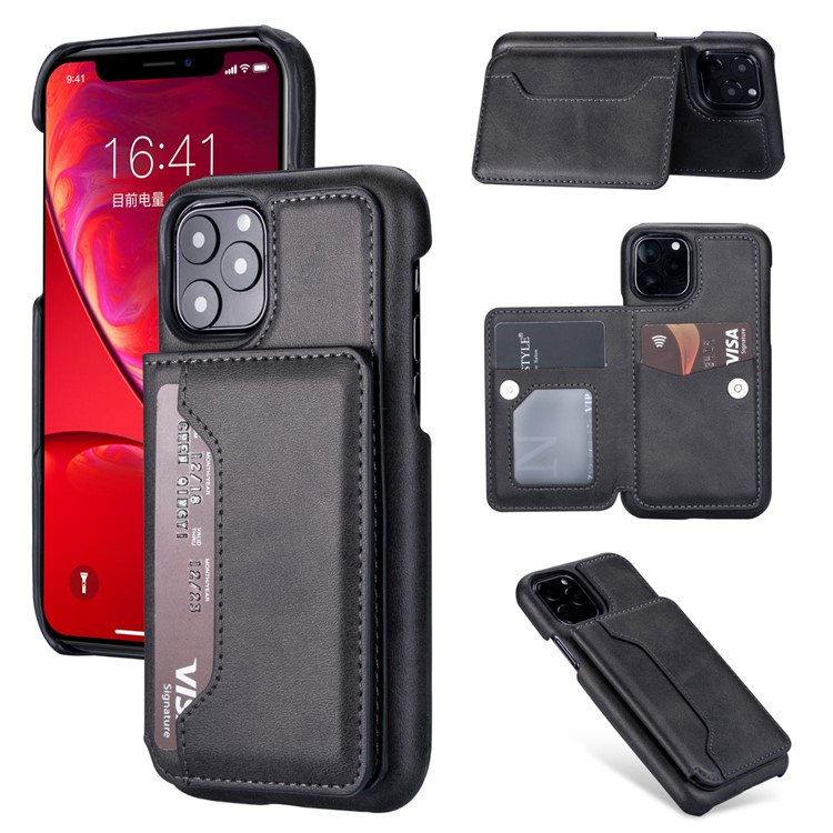 Couro Pu + Titular Do Cartão Pc Tampa Do Telefone Kickstand Para Apple Iphone 11 Pro 5,8 Polegadas - Preto-1