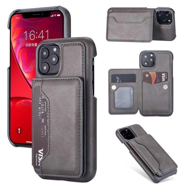 Couro Pu + Titular Do Cartão Pc Tampa Do Telefone Kickstand Para Apple Iphone 11 Pro 5,8 Polegadas - Cinzento-1