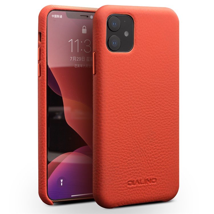 QIALINO Couro Genuíno Lichia Textura Telefone Tampa Traseira Case Para Iphone 11 6.1 Polegadas - Vermelho-1