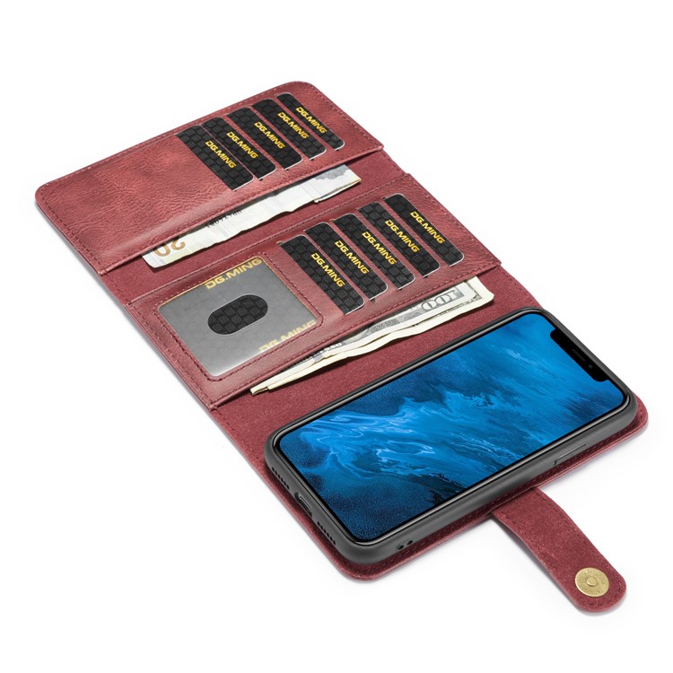 DG.MING Split Leather Wallet Style Case with Stand for iPhone 11 6.1 inch - Red-7