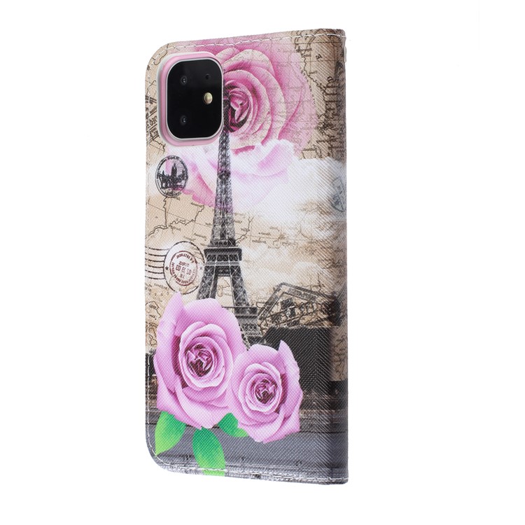 Pattern Printing Leather Wallet Case for iPhone 11 6.1 inch (2019) - Eiffel Tower and Flowers-6