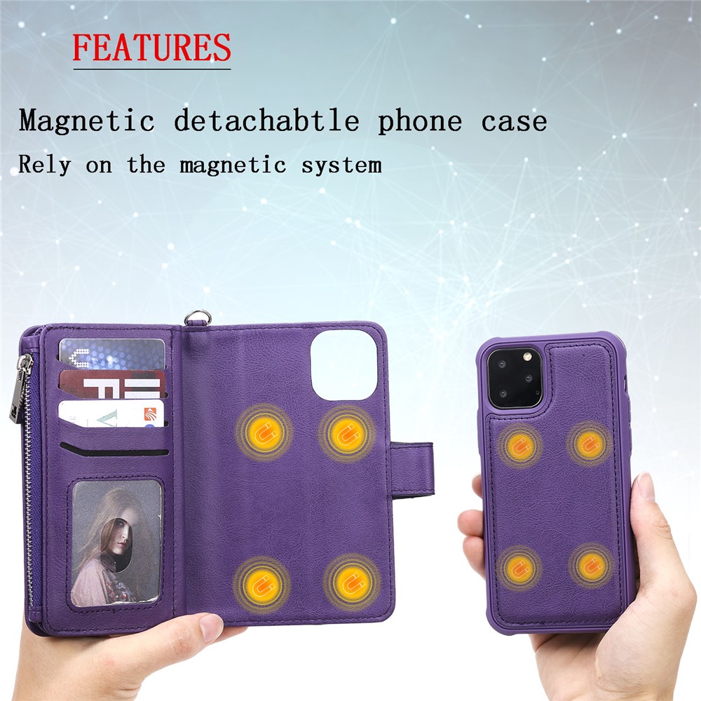 Detachable 2-in-1 TPU + Zipper Wallet Leather Flip Case with Stand Lanyard for iPhone 11 Pro 5.8 inch - Purple-3