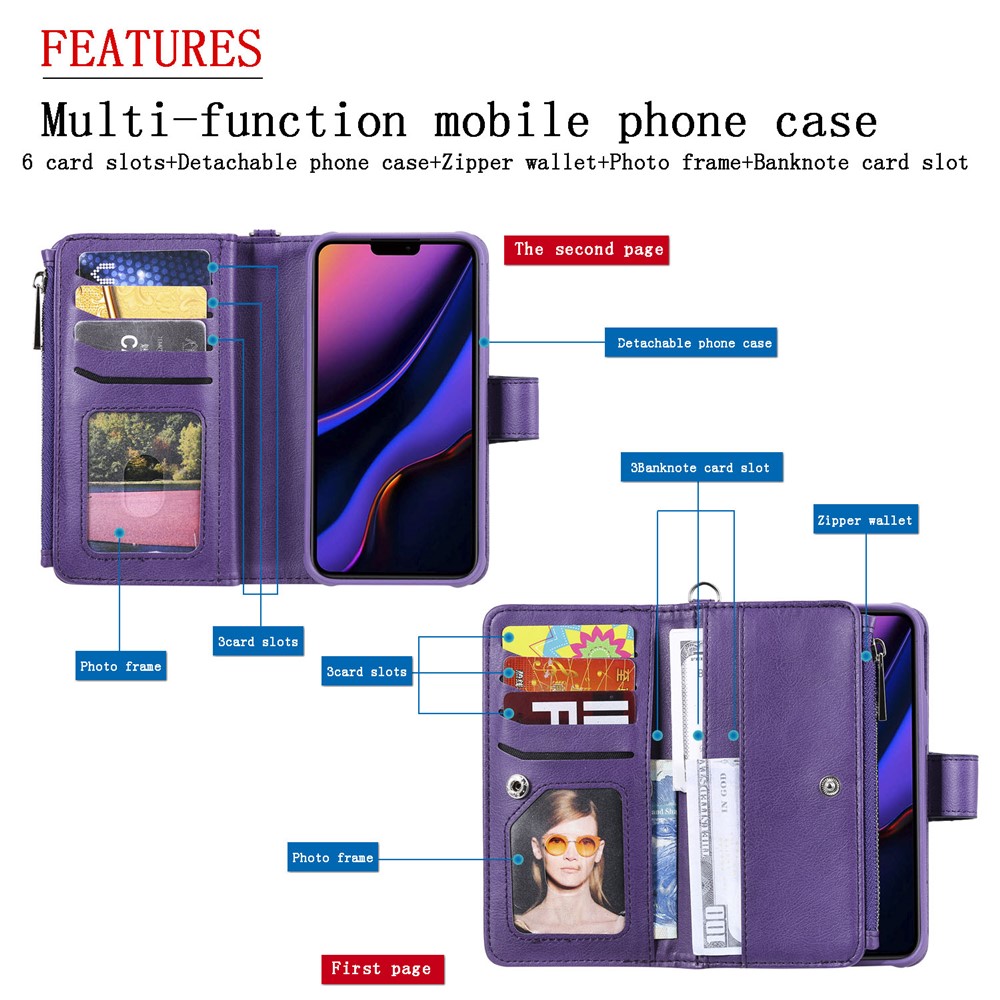 Detachable 2-in-1 TPU + Zipper Wallet Leather Flip Case with Stand Lanyard for iPhone 11 Pro 5.8 inch - Purple-4