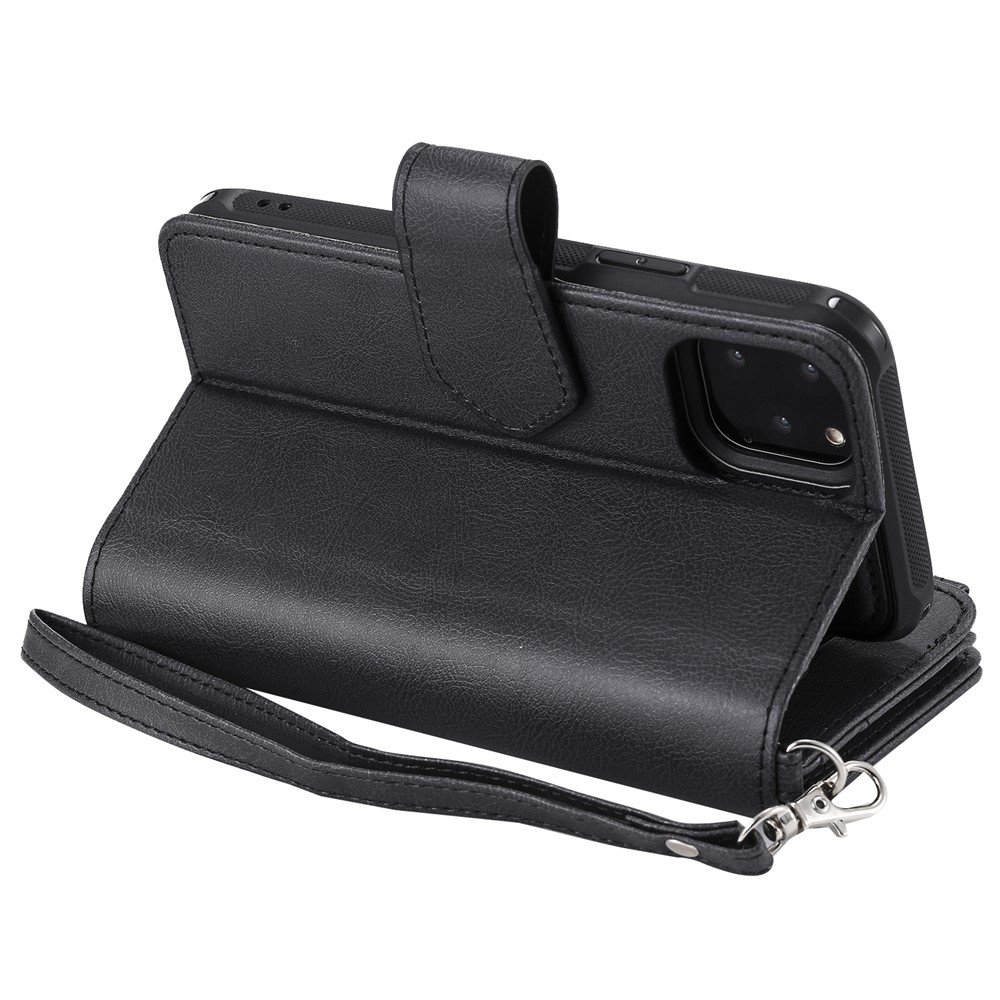 Destacável 2-em-1 TPU + Zipper Carteira De Couro Flip Case Com Suporte Cordão Para Iphone 11 Pro 5,8 Polegadas - Preto-11