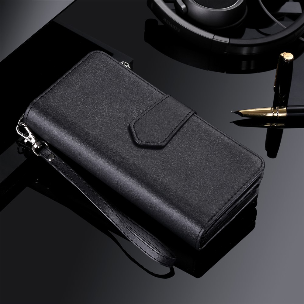 Détachement 2 en 1 TPU + Portefeuille à Fermeture Éclair Case de Rabat en Cuir Avec Lanière de Support Pour Iphone 11 Pro 5,8 Pouces - Noir