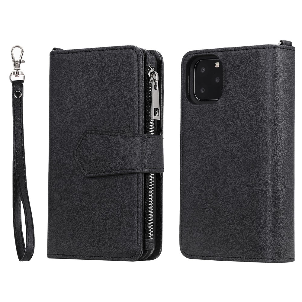 Détachement 2 en 1 TPU + Portefeuille à Fermeture Éclair Case de Rabat en Cuir Avec Lanière de Support Pour Iphone 11 Pro 5,8 Pouces - Noir