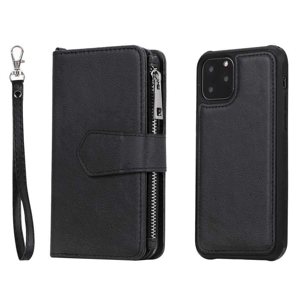 Détachement 2 en 1 TPU + Portefeuille à Fermeture Éclair Case de Rabat en Cuir Avec Lanière de Support Pour Iphone 11 Pro 5,8 Pouces - Noir