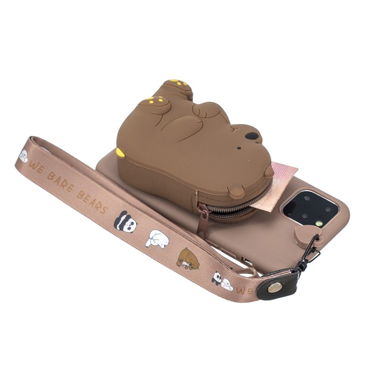 3D Cartoon Animal Soft Silicone Purse Case Wallet Phone Cover with Chain Strap for iPhone 11 Pro 5.8 inch (2019) - Brown Background Bear-2