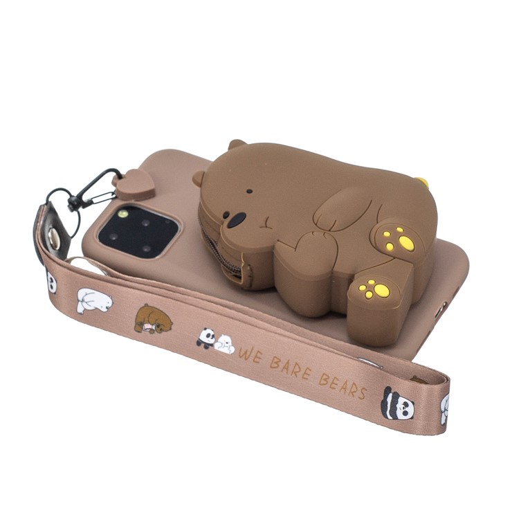 3D Cartoon Animal Soft Silicone Purse Case Wallet Phone Cover with Chain Strap for iPhone 11 Pro 5.8 inch (2019) - Brown Background Bear-3